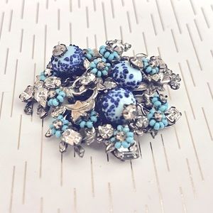 Unique turquoise Vintage beaded and crystal brooch